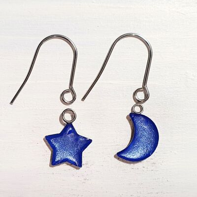 Aretes colgantes de estrella / luna con alambres cortos - Perla de aciano, SKU1107