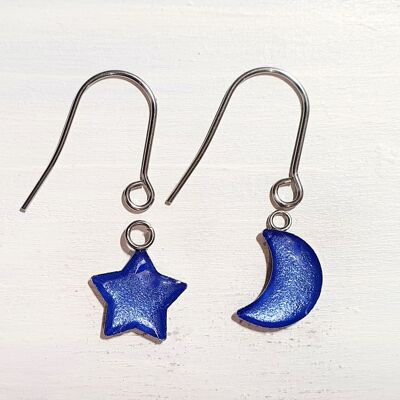Boucles d'oreilles pendantes étoile/lune avec fils courts - Perle bleuet ,SKU1107