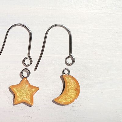 Boucles d'oreilles pendantes étoile/lune avec fils courts - Or ,SKU1108