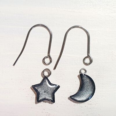 Orecchini pendenti Stella/Luna con fili corti - Argento, SKU1109