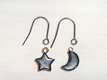 Boucles d'oreilles pendantes étoile/lune avec fils courts - Argent ,SKU1109