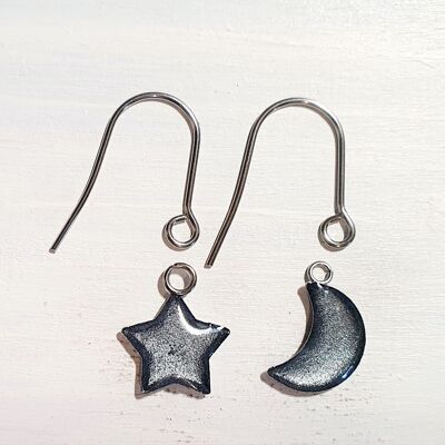 Star/Moon drop earrings with short wires - Silver ,SKU1109
