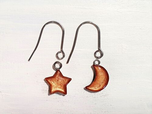 Star/Moon drop earrings with short wires - Copper ,SKU1110