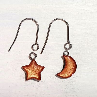 Boucles d'oreilles pendantes étoile/lune avec fils courts - Cuivre ,SKU1110