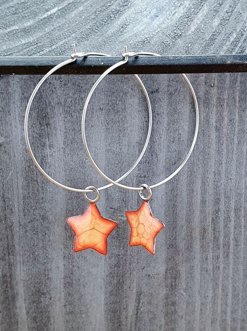 Stars on Round wire drop earrings - orange ,SKU1117