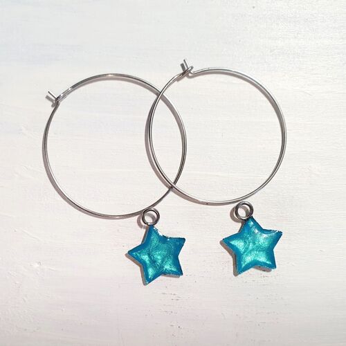 Stars on Round wire drop earrings - Iridescent blue ,SKU1121