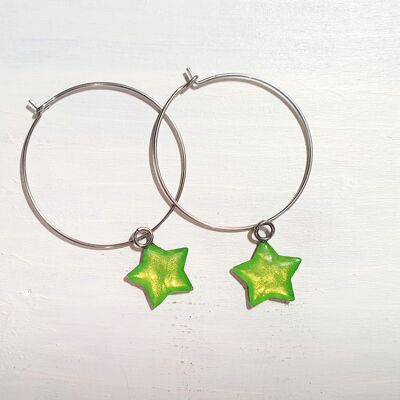Stars on Round wire drop earrings - Iridescent green ,SKU1122