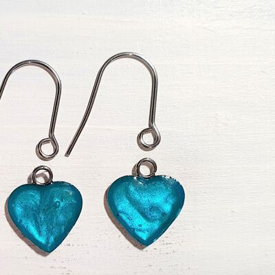 Heart drop earrings with short wires - Iridescent aqua ,SKU1166