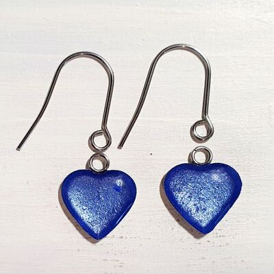 Boucles d'oreilles coeur avec fils courts - Perle bleuet ,SKU1167