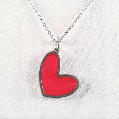 Off set heart shaped pendant-necklaces - iridescent pink ,SKU1172