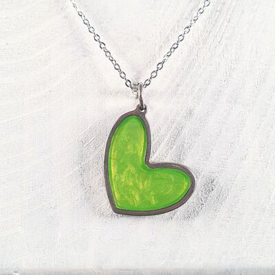 Off set heart shaped pendant-necklaces - iridescent green ,SKU1174