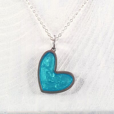 Off set heart shaped pendant-necklaces - iridescent blue ,SKU1175