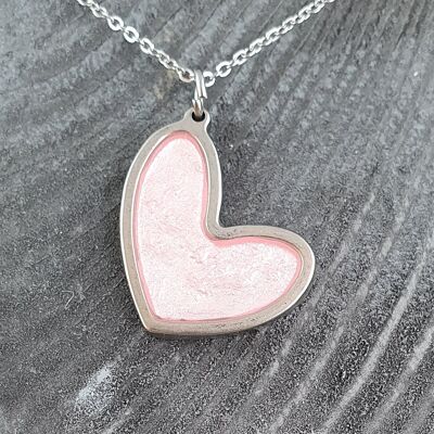 Off set heart shaped pendant-necklaces - Iridescent baby pink ,SKU1183