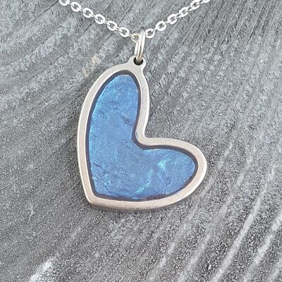 Off set heart shaped pendant-necklaces - Iridescent dark blue ,SKU1184