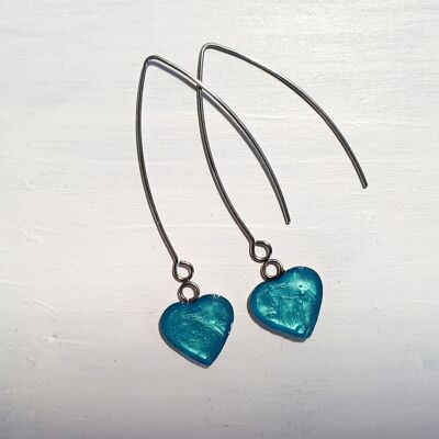 Long wire drop hearts - iridescent blue ,SKU1185