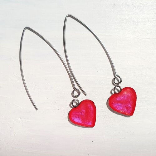 Long wire drop hearts - Iridescent pink ,SKU1186
