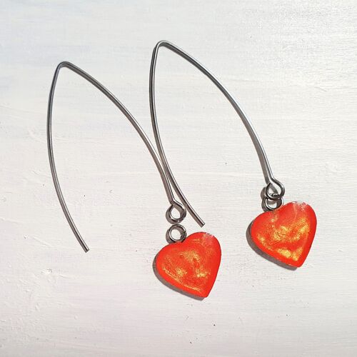 Long wire drop hearts - iridescent orange ,SKU1188