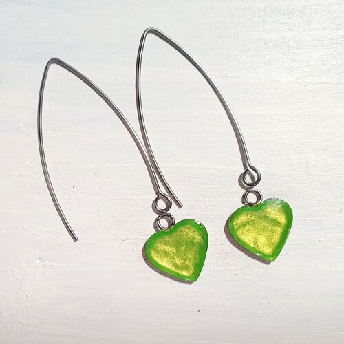 Long wire drop hearts - iridescent green ,SKU1189