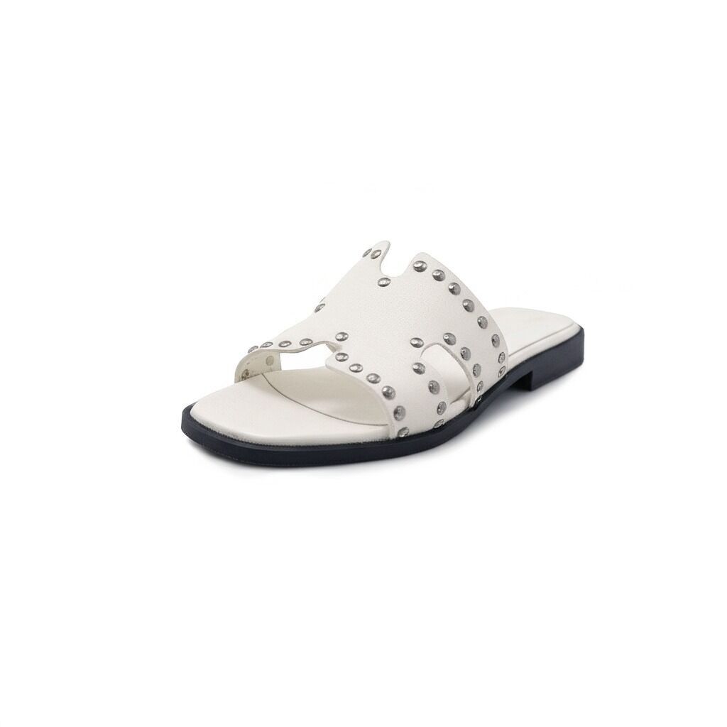 H.02.B Women's Slide Sandals with Silver Studs - in Genuine White Leather