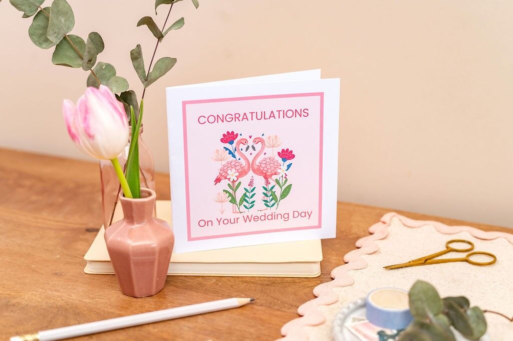 Congratulations On Your Wedding Day Card Pink Flamingos Design