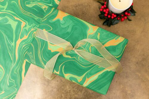 Hand Marbled Gift Wrap Sheet - Free Spirit Emerald