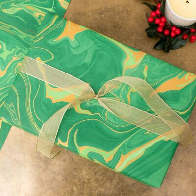 Hand Marbled Gift Wrap Sheet - Free Spirit Emerald