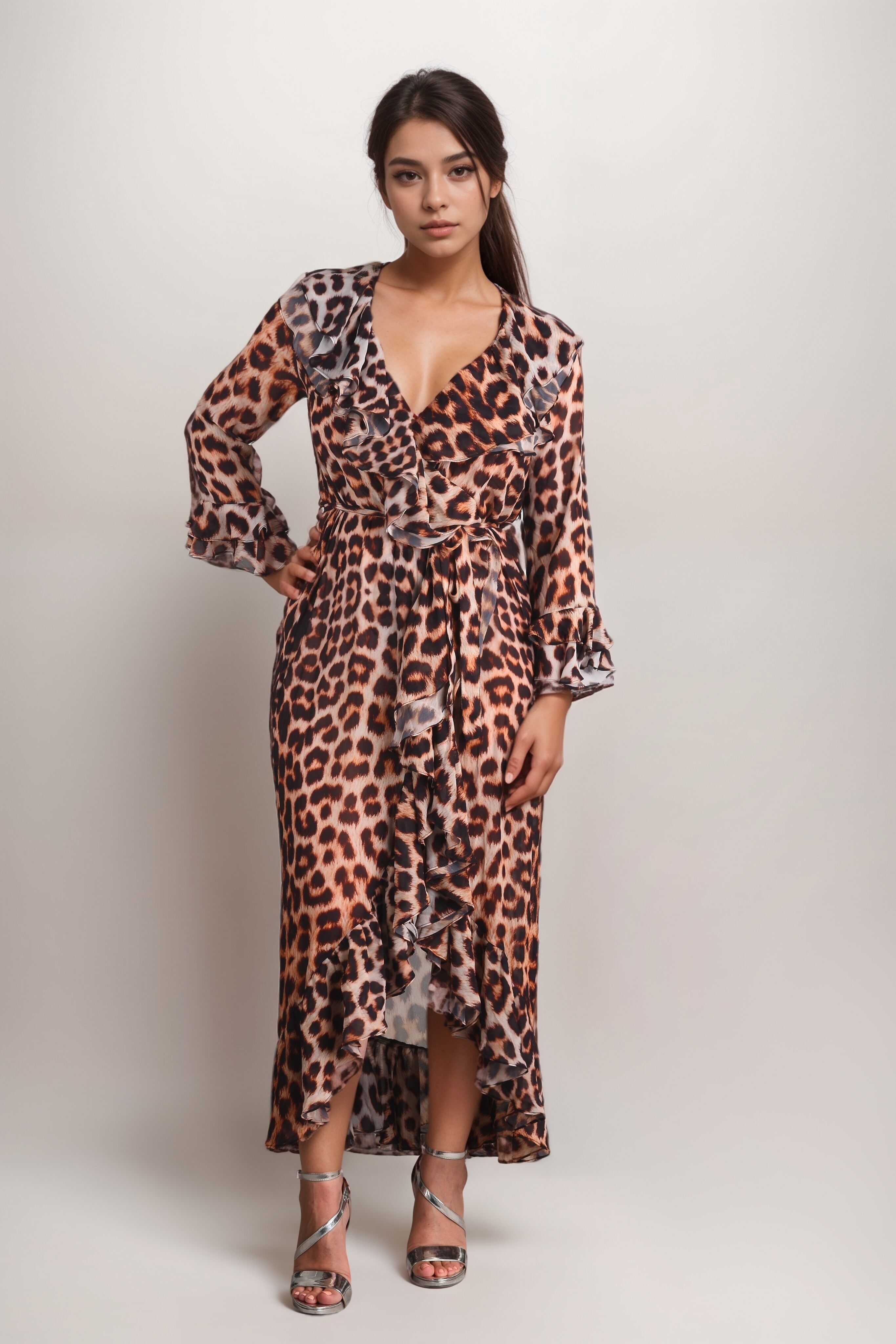 Abito da spiaggia avvolgente con volant leopardato Ibiza Sol