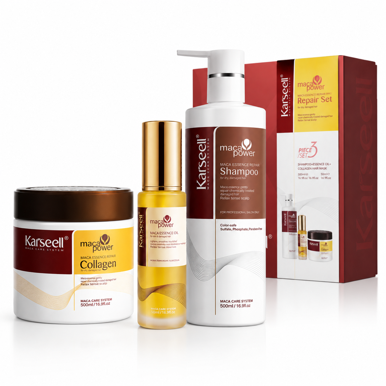 KARSEELL Collagen Hair Mask 500ml. +Argan Oil 50ml. +Shampoo 500ml.Moisturizing, Repairing, Nourishing, Anti-Frizz, Shine, Coconut, Maca, for Dry, Damaged, and Colored Hair, All Hair Types, Sulfate-Free