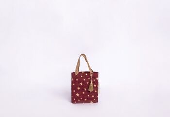 Sacs-cadeaux en tissu réutilisables style fourre-tout - Étoiles bordeaux (petites) 1