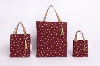 Sacs-cadeaux en tissu réutilisables style fourre-tout - Étoiles bordeaux (petites) 3