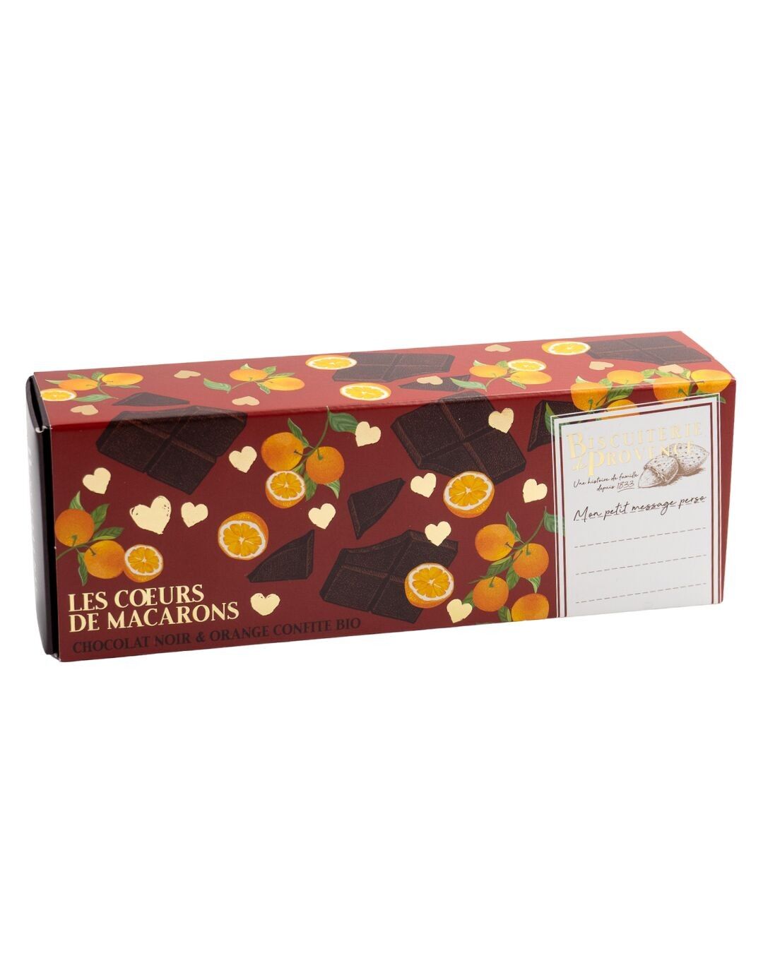 Chocolate almond and candied orange macaron hearts