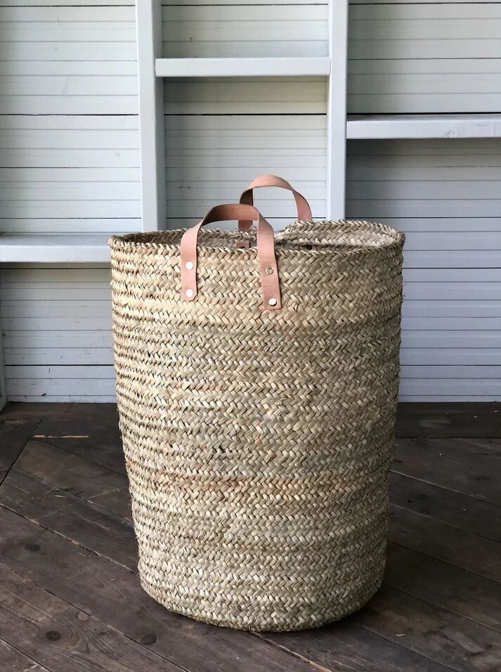 Seagrass Laundry Basket with Leather Handles | Large Woven Storage Basket