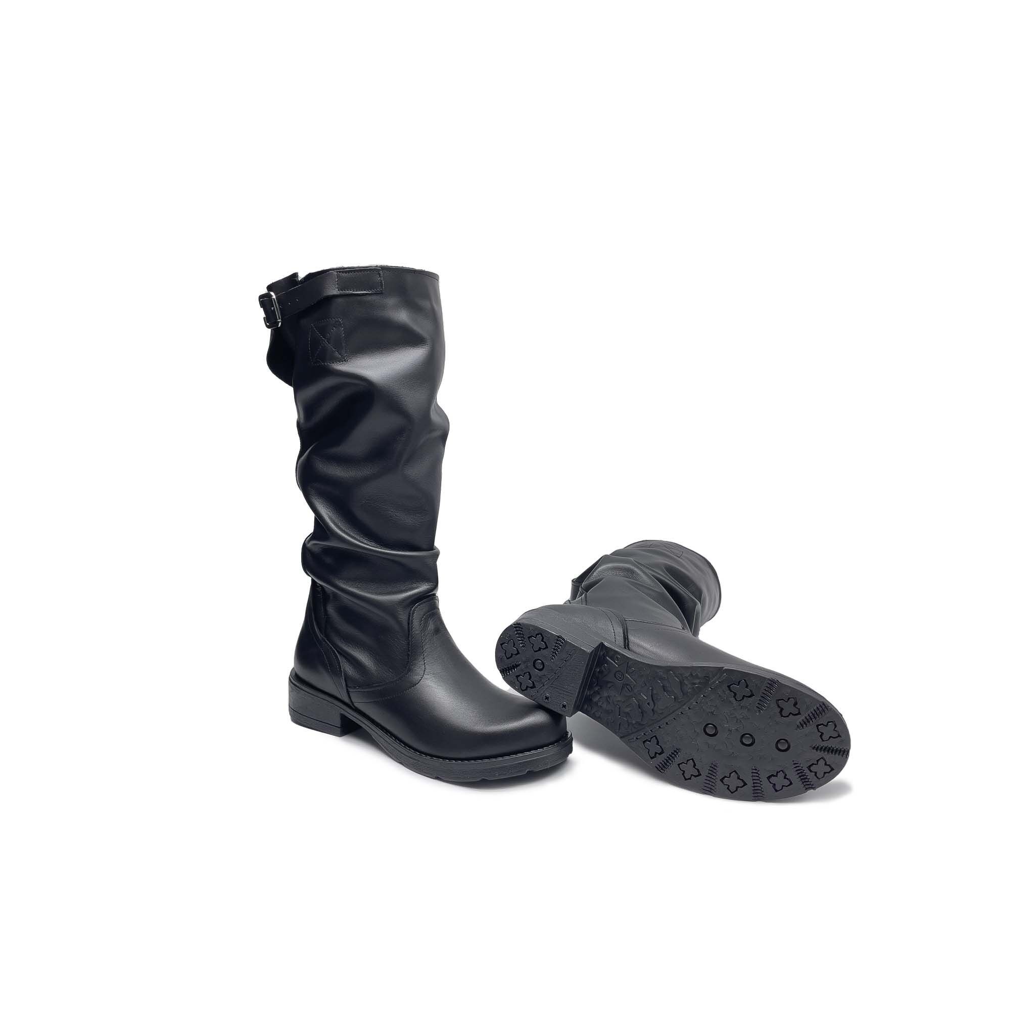 BK33 Women's Buckle Boot - Black Genuine Leather
