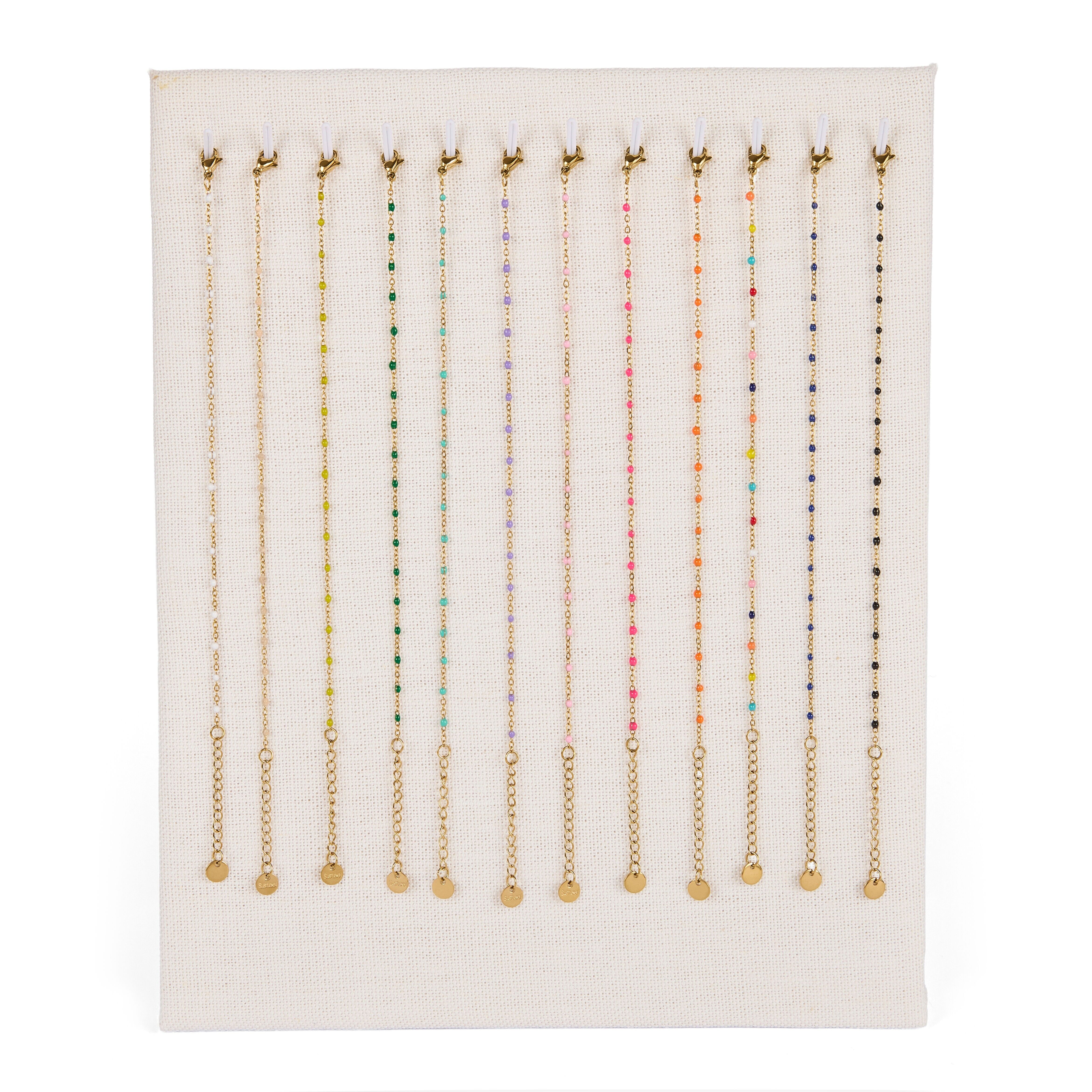 Présentoir de 12 modèles (60 bracelets) en acier inoxydable avec perles en résine coloré