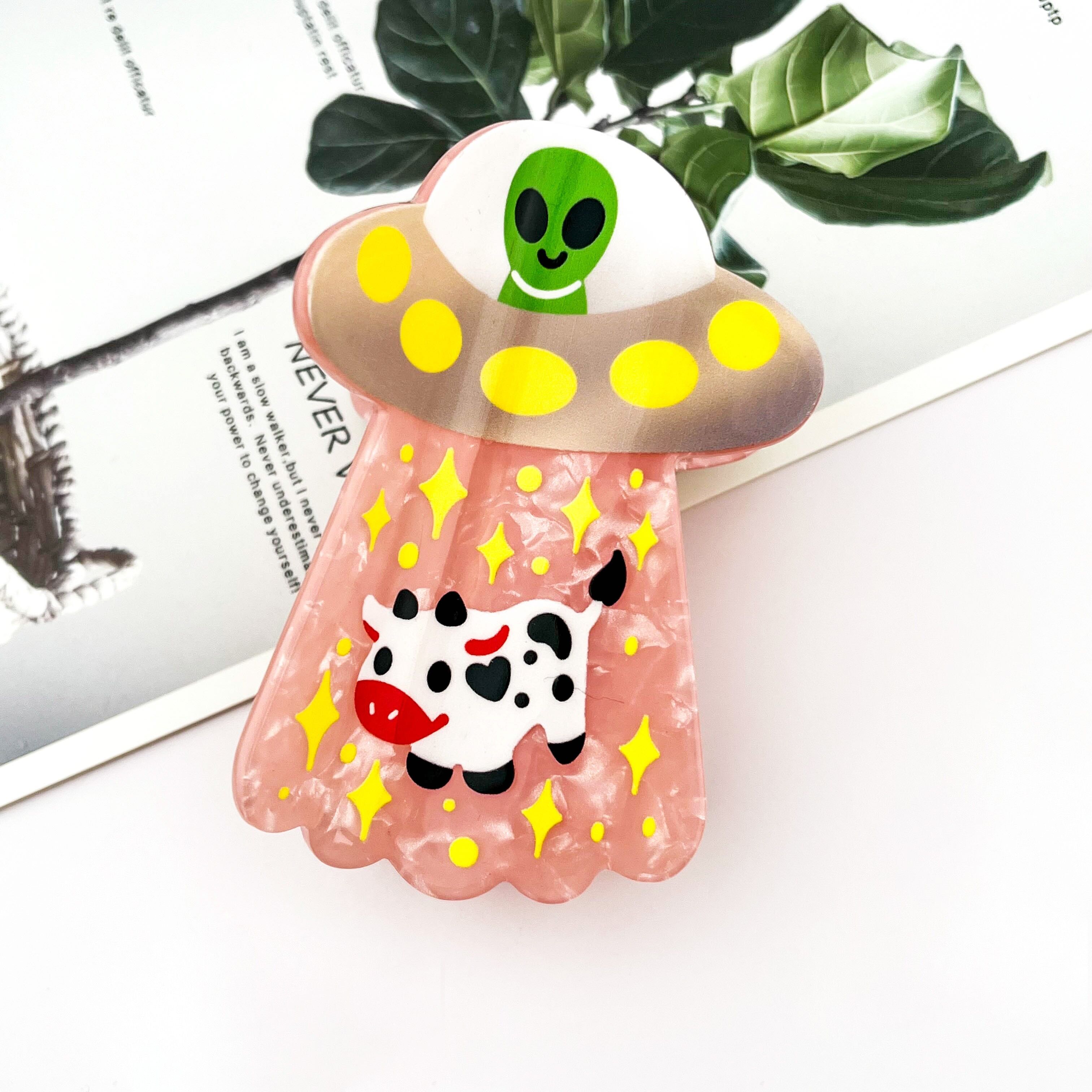 Haarspange aus Acryl mit UFO-, Alien- und Kuhmotiv