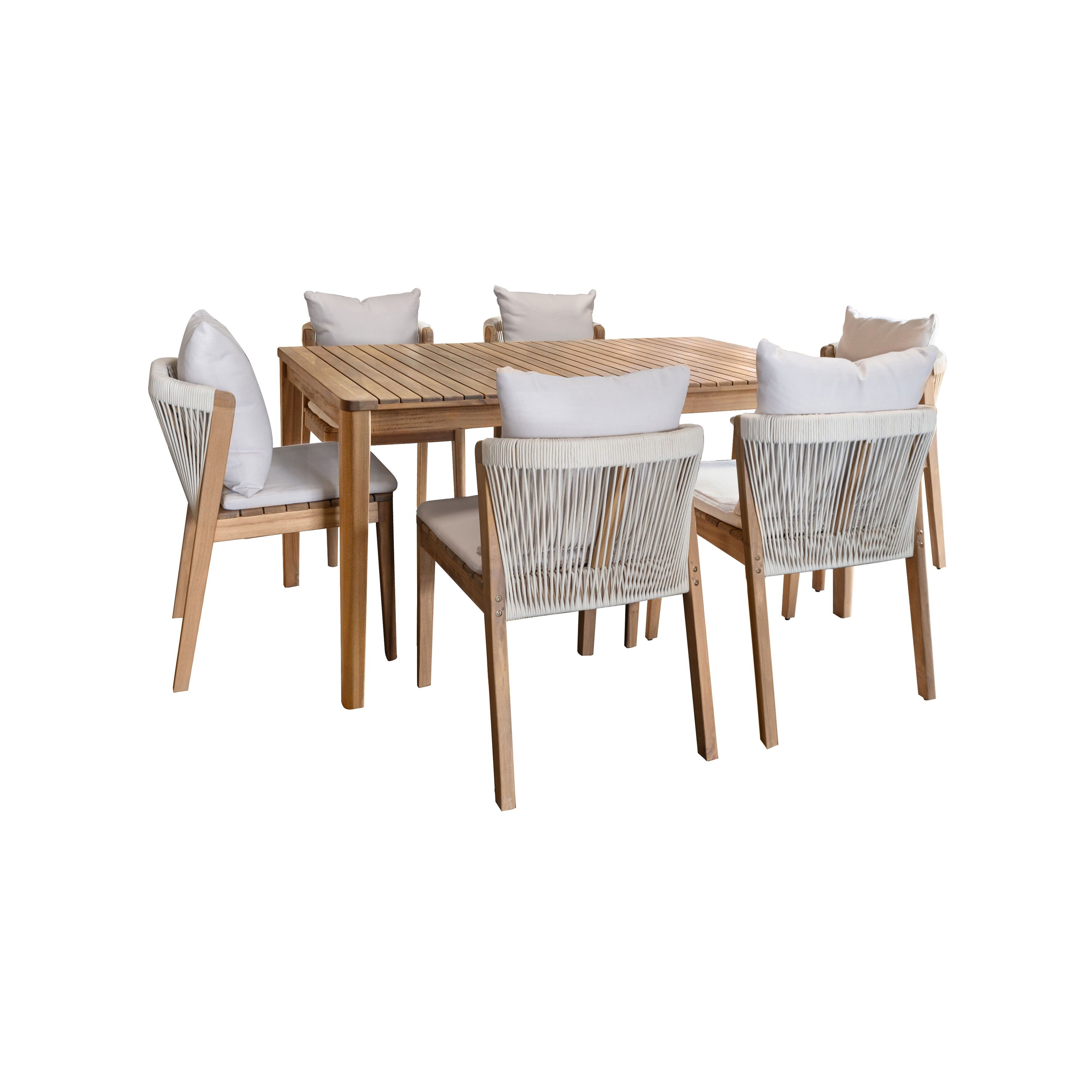 SAONA Garden Set with Rectangular Table and 6 Acacia Wood Chairs with White Cushions