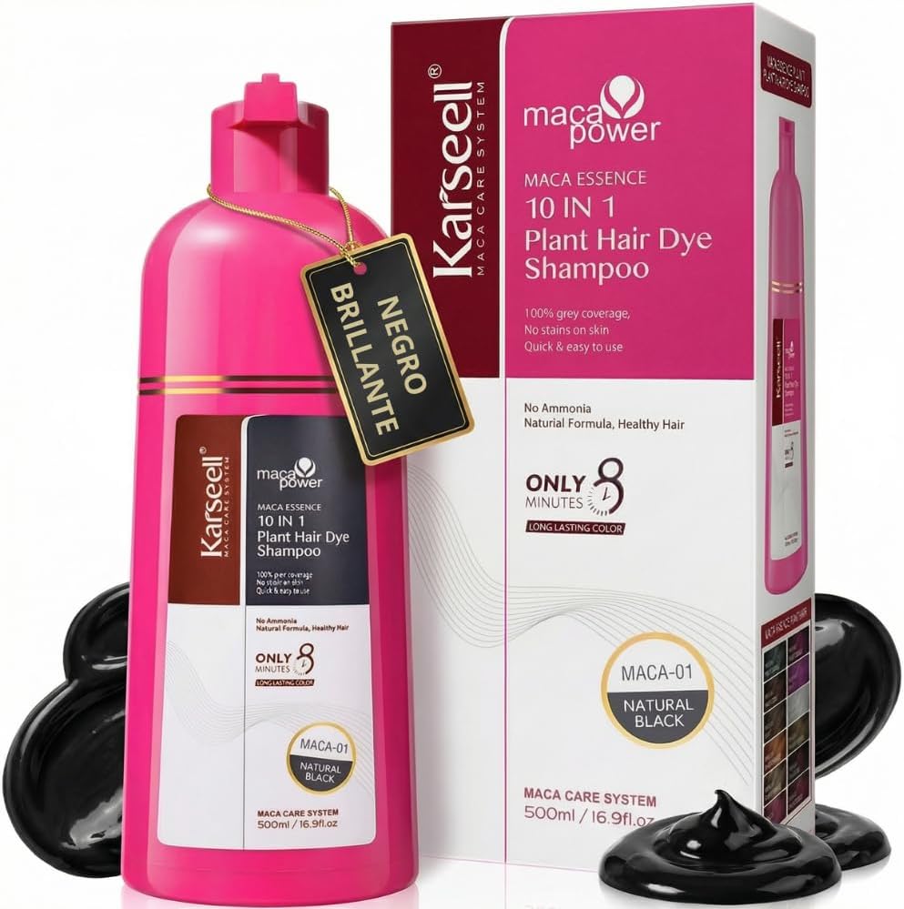KARSEELL Shampoo Natural Black Hair Dye Instant Gray Coverage Argan Oil Hydrolyzed Keratin for Dry and Damaged Hair 5 Minutes Paraben Free Silicone Free 500ml