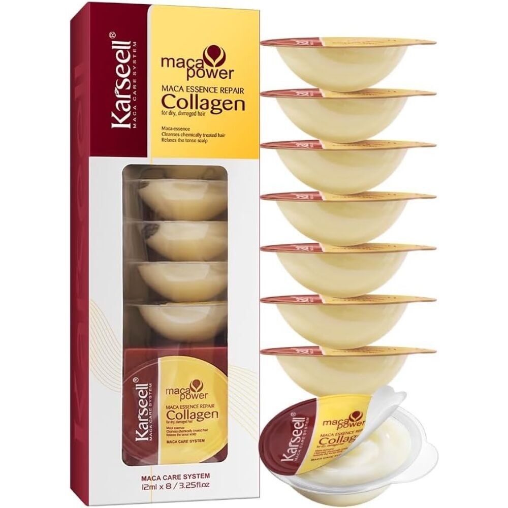 KARSEELL Collagen Hair Mask Single Dose Intense Repair Deep Hydration Dry Damaged Hair Anti-Frizz Shine Softness Professional Treatment Travel Size 12ml x 8