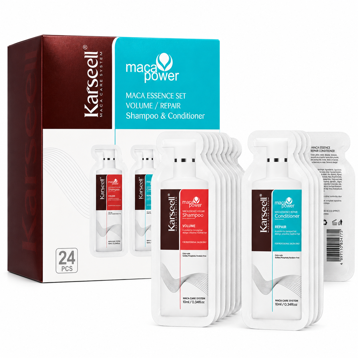 KARSEELL Pack of 36 Duos: Volumizing Shampoo 10ml + Repairing Conditioner 10ml, Professional Volume, Hydration, Repair for Fine and Damaged Hair, Single-Dose, Travel, Hotel, Gym