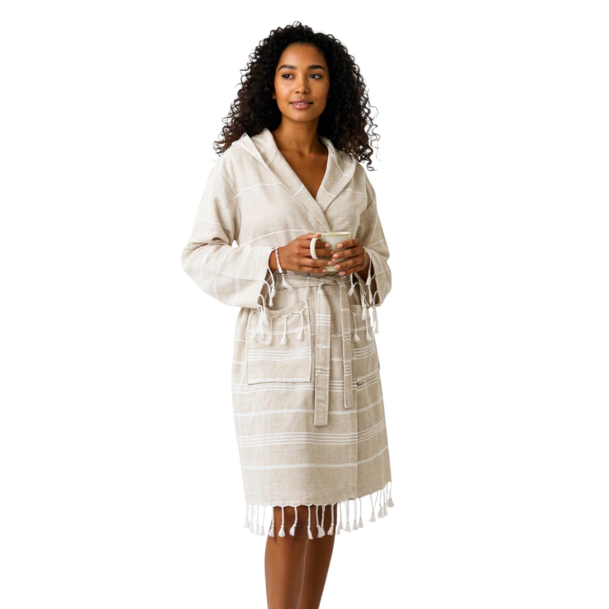 Hooded bathrobe with fringes, made of cotton – Beige – One Size – Paraguay