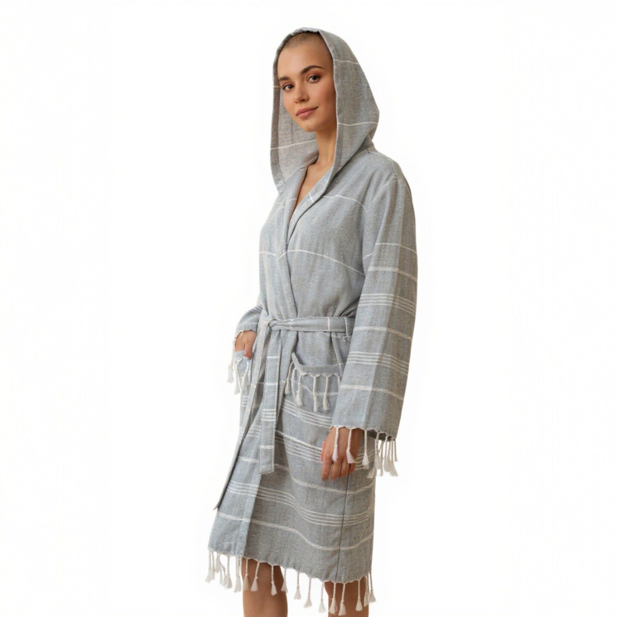 Hooded cotton bathrobe with fringe – Grey – One Size – Paraguay