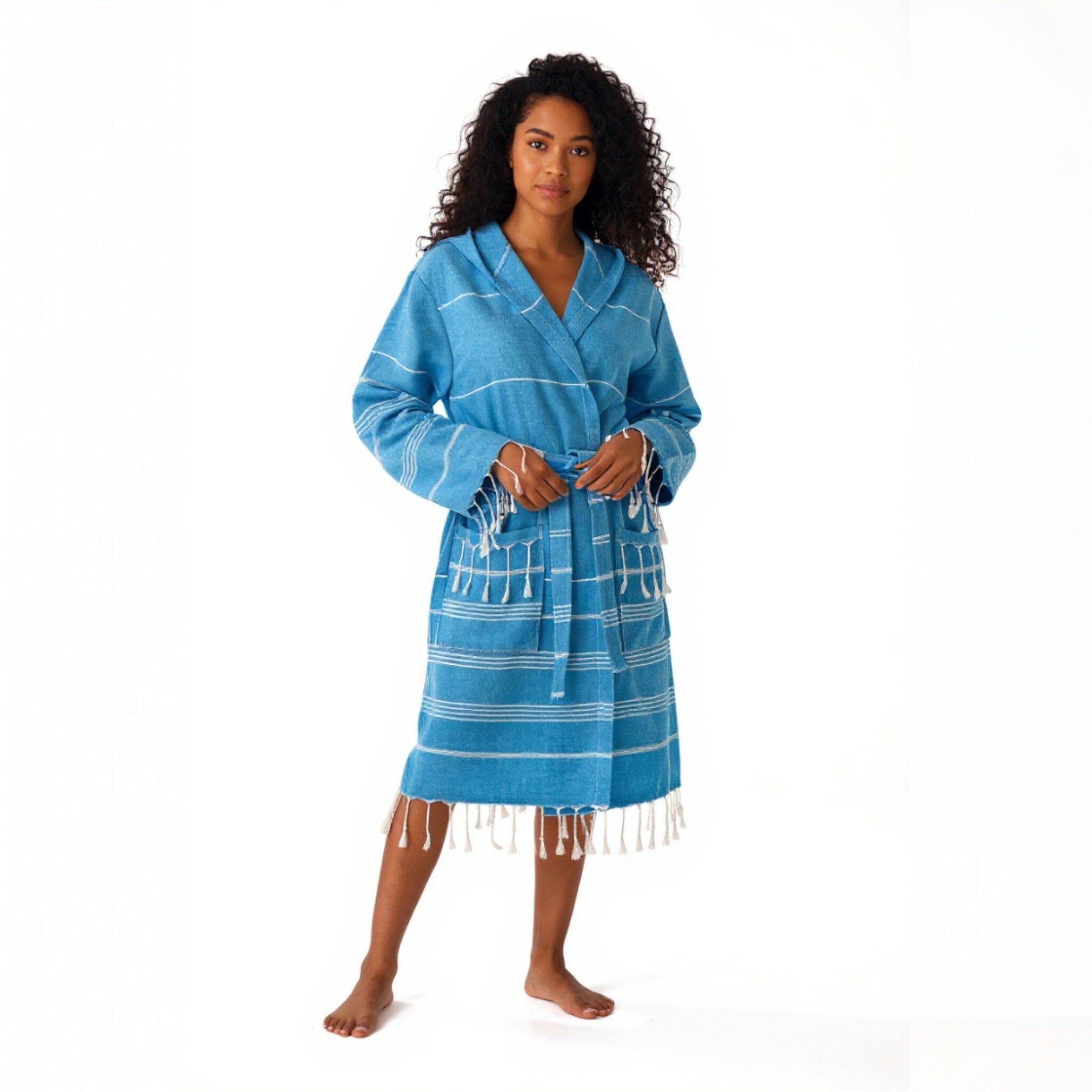 Hooded bathrobe with fringes, made of cotton – turquoise – one size – Paraguay