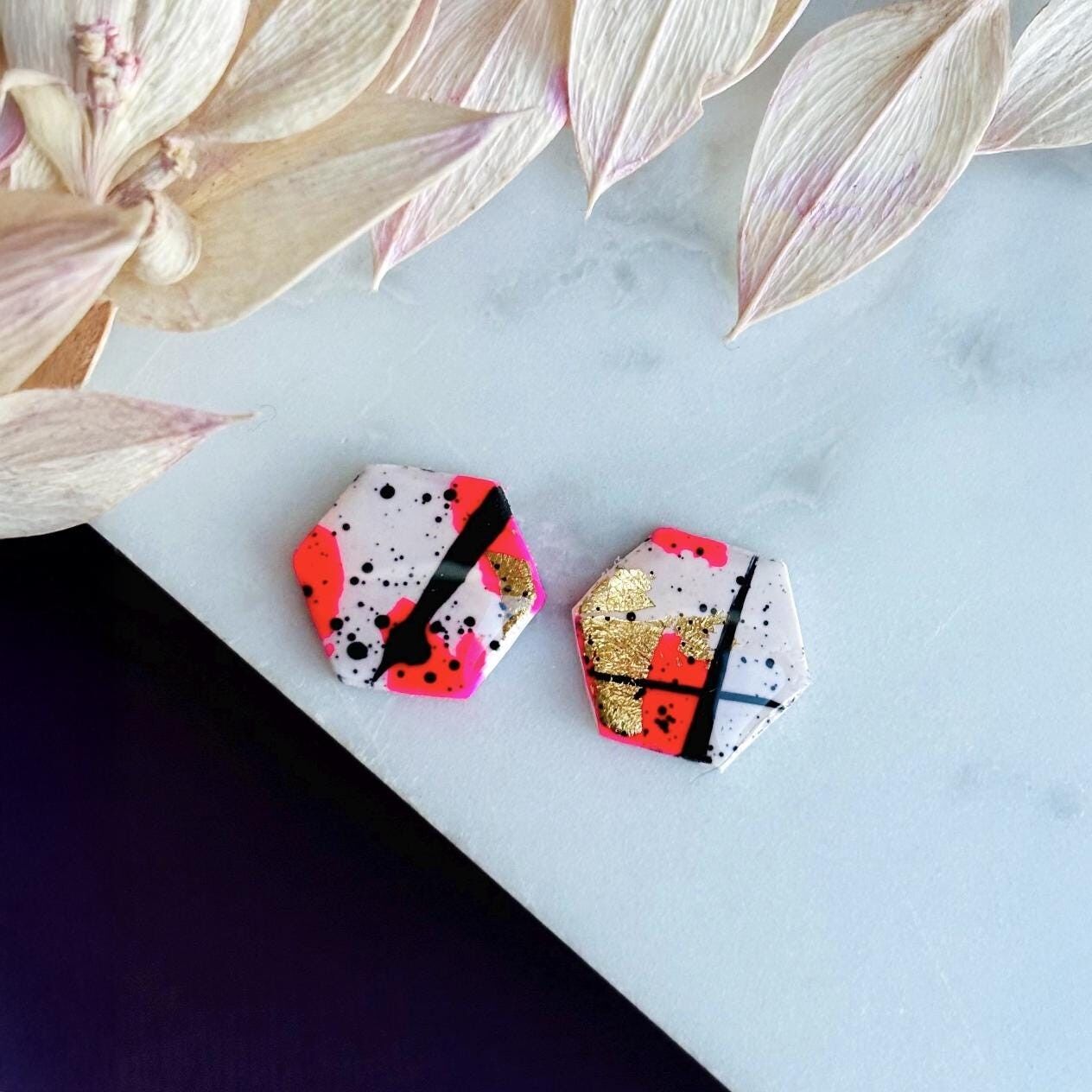 Handmade 'Electric' Hexagon Studs – Bold Abstract & Gold Foil (15mm)