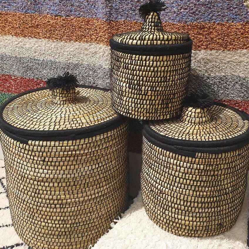 Artisan Moroccan Storage Set – Hand-Woven Palm & Wool Baskets with Pom-Pom Lids (Set of 3)