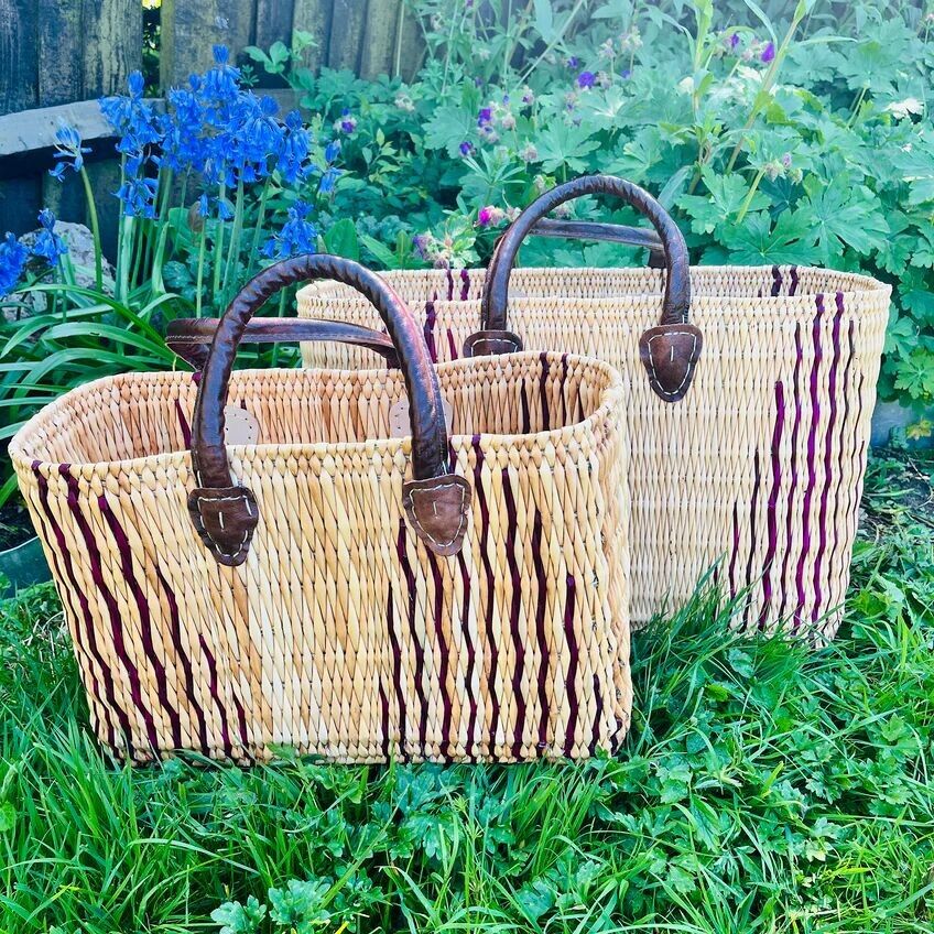 Artisan Moroccan Plum Reed Tote – Hand-Dyed Sustainable Basket with Reinforced Leather Handles
