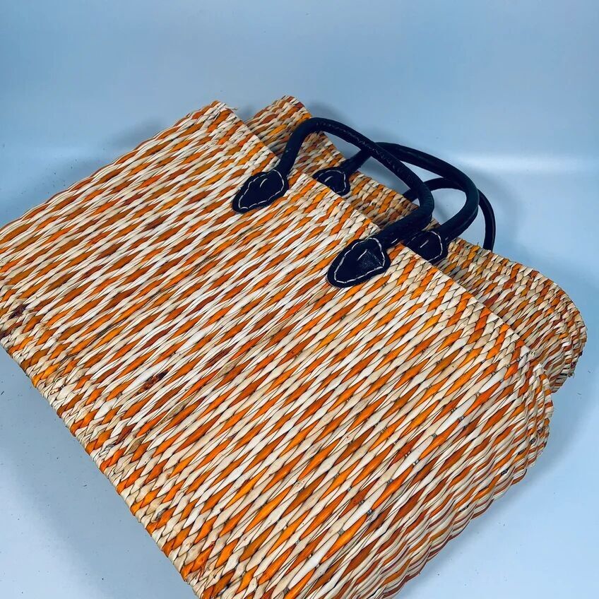 Saffron Orange Moroccan Reed Tote – Hand-Dyed Sustainable Market Basket with Leather Handles