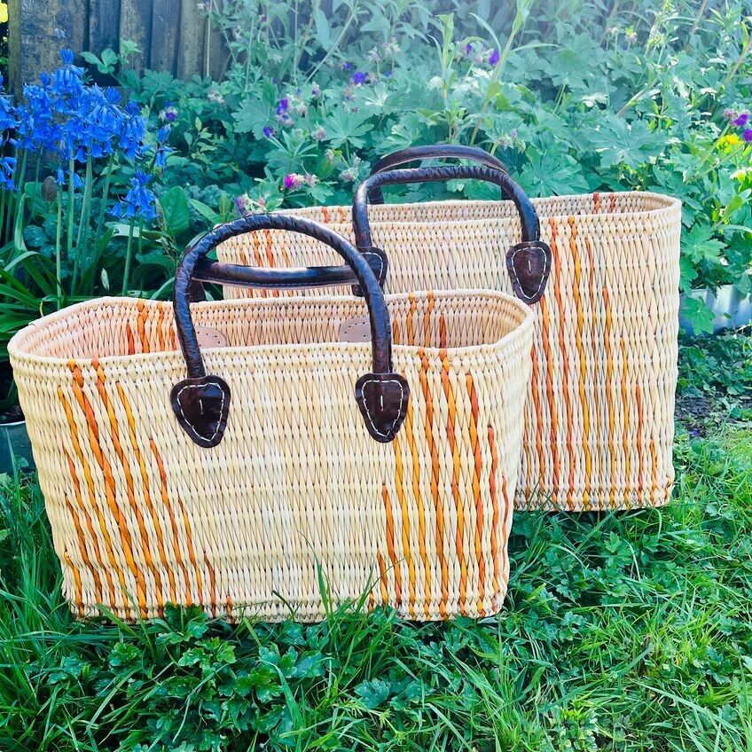 Sunset Orange Moroccan Reed Tote – Hand-Dyed Sustainable Market Basket with Reinforced Leather Handles