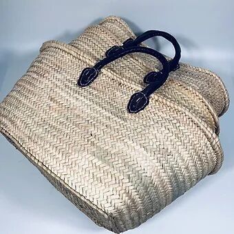 Artisan French Market Basket – Hand-Woven Moroccan Palm Tote with Double-Stitched Leather Handles
