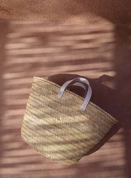 Artisan White-Patterned Market Basket – Hand-Woven Moroccan Shopper with Premium Leather Handles