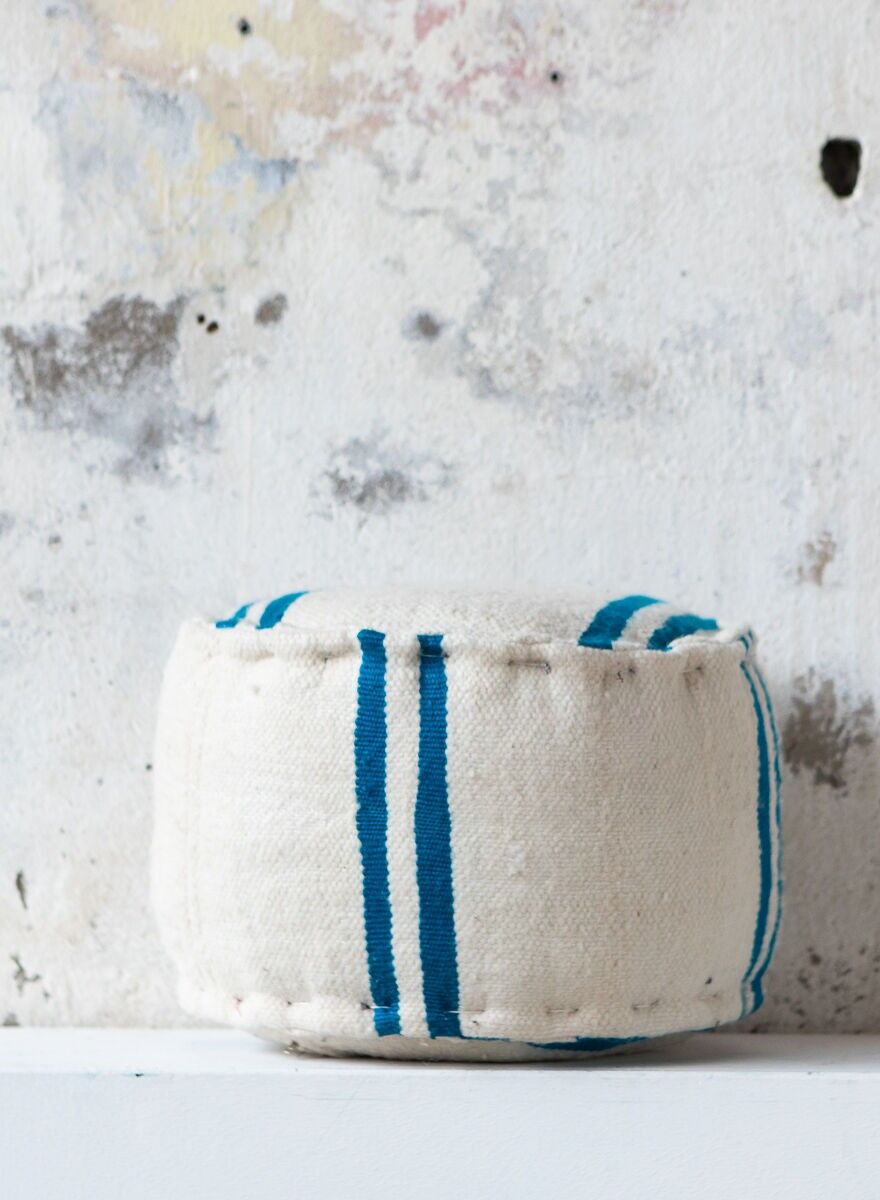 Artisan Wool Floor Pouf – Hand-Woven 100% Natural Wool Round Seating in Blue Stripe
